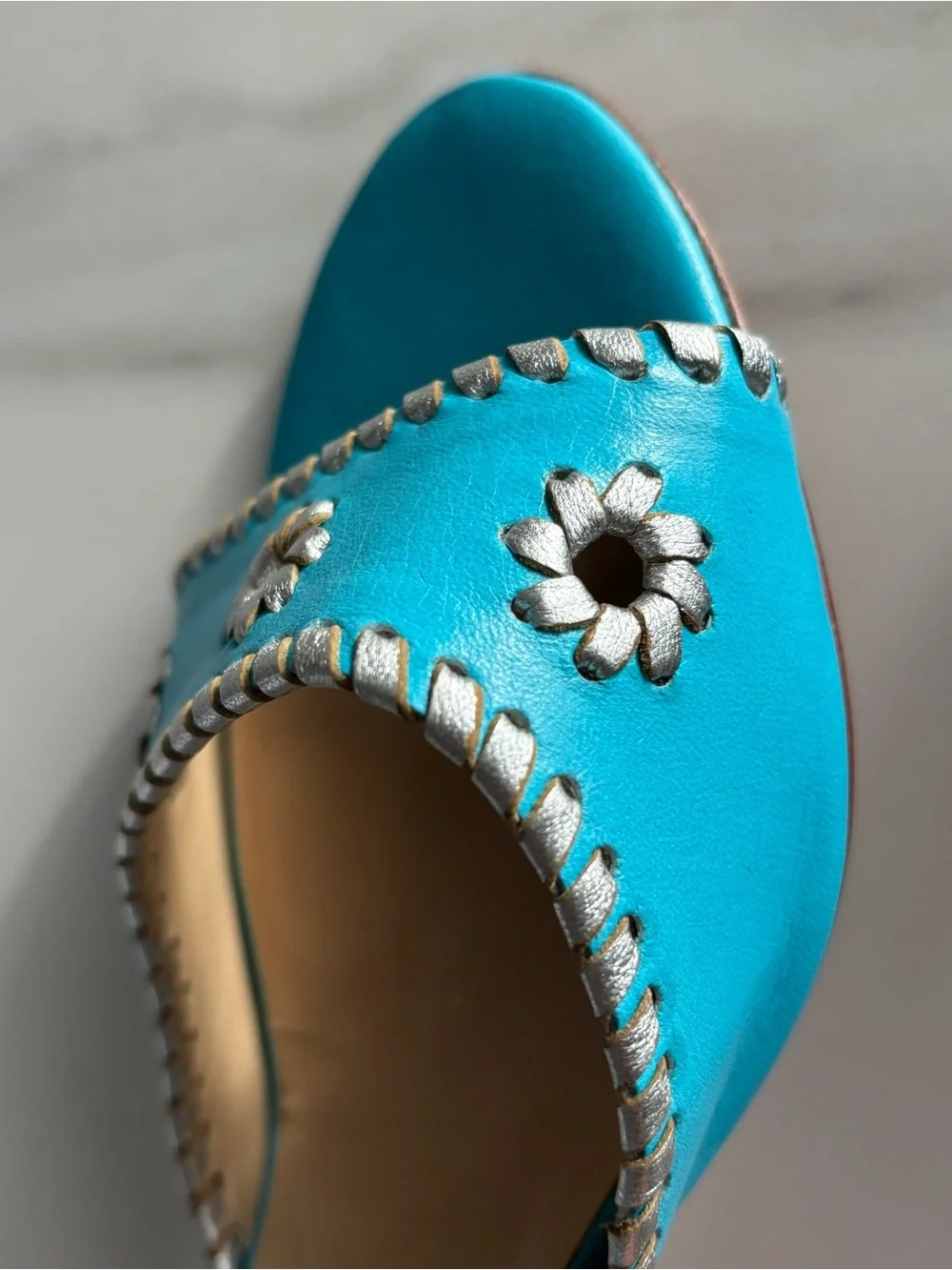 Michael Kors Made in Italy Turquoise Leather Whipstitch Heeled Slide Sandals 10